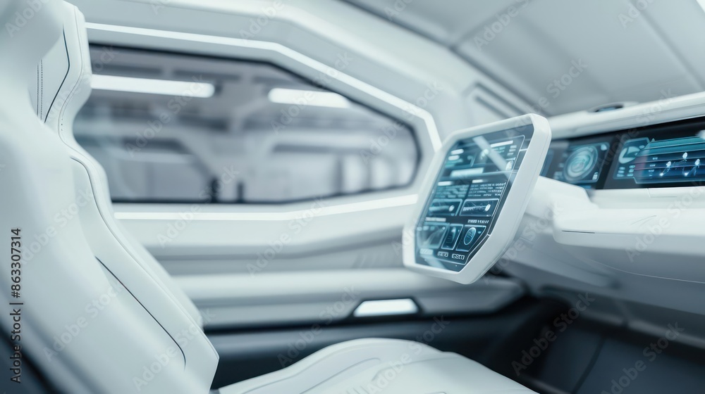 Detailed view of a hyperloop pods sleek interior with touchscreen controls, with copy space Detailed view of a hyperloop pods sleek interior with touchscreen controls, with copy space
