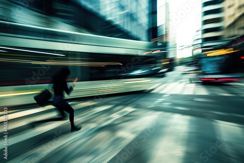 A woman is running down a city street while holding a briefcase. The scene is blurry and fast-paced, giving a sense of urgency and movement