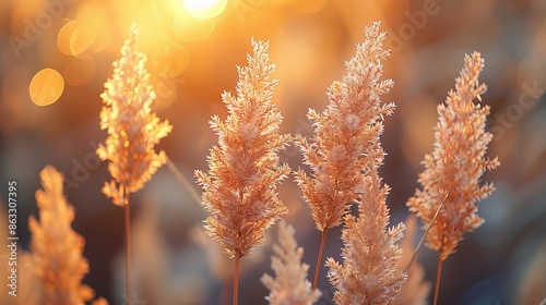 Close-up of the delicate seed heads of ornamental grasses, backlit by the setting sun in a garden setting, highlighting their intricate beauty and natural elegance