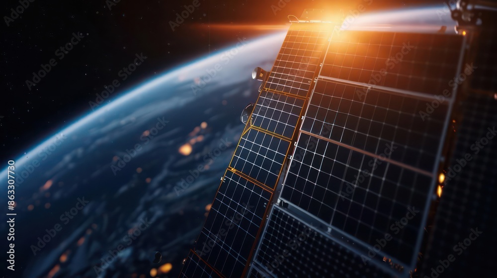 Detailed view of a satellites solar panels adjusting to capture sunlight, with copy space Detailed view of a satellites solar panels adjusting to capture sunlight, with copy space