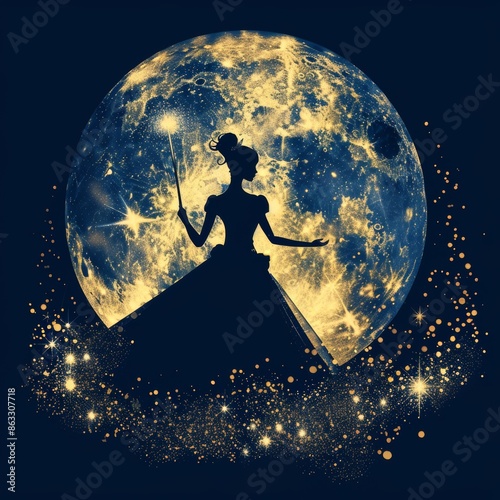 A silhouette depicting a fairy godmother with her wand casting magical sparkles against a full moon backdrop. photo