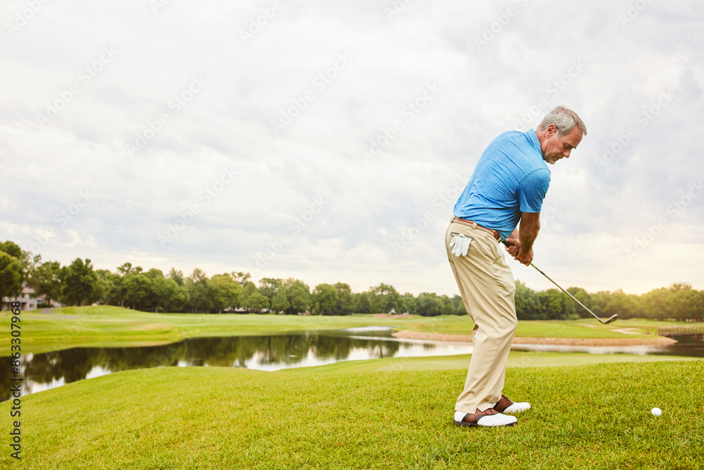 Mature, man and stroke on grass for golf or ball for improve balance, coordination and retirement leisure with relax. Golfer, lake and play on field for physical activity, mobility and outdoor sport. Mature, man and stroke on grass for golf or ball for improve balance, coordination and retirement leisure with relax. Golfer, lake and play on field for physical activity, mobility and outdoor sport.