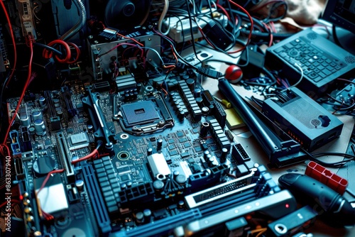 A close-up image showcasing the intricate details of a motherboard, surrounded by various computer components
