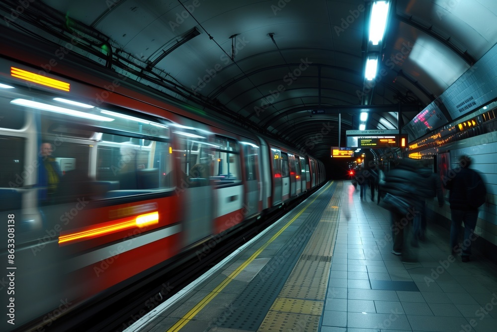 A train is moving through a subway station with people walking on the platform. Scene is busy and fast-paced A train is moving through a subway station with people walking on the platform. Scene is busy and fast-paced