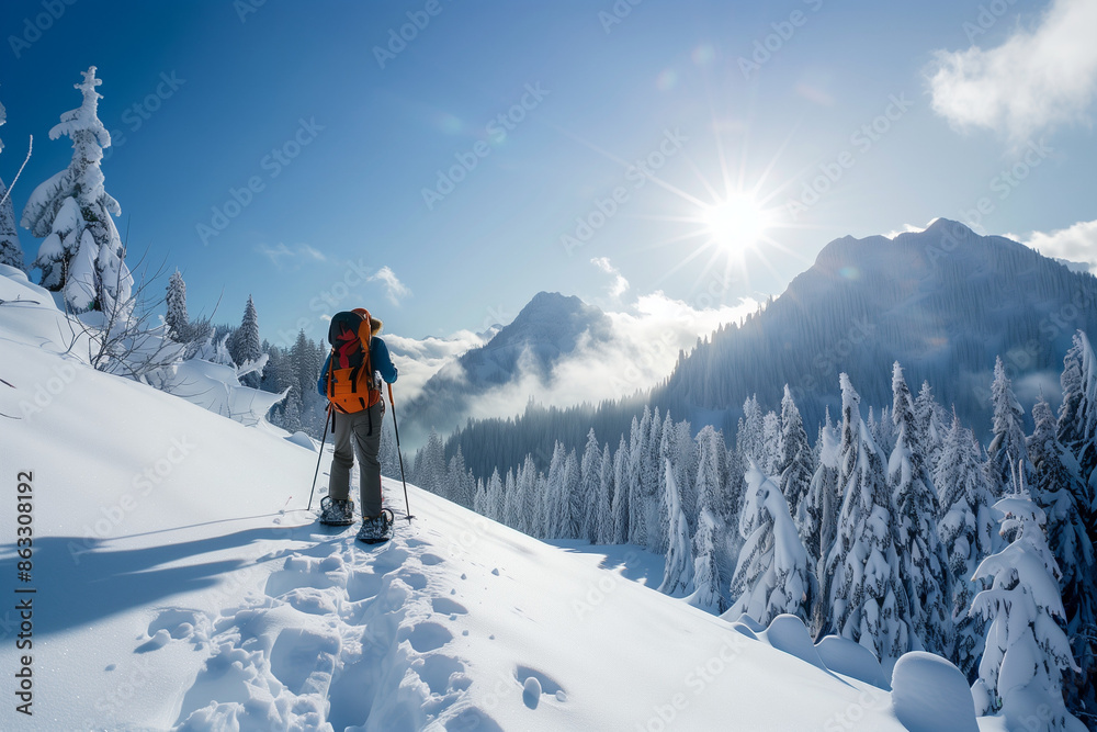 Snowshoeing, trekking down the rugged and snow-covered mountain terrain, fully engaging in the adventure and navigating the potential risks associated Snowshoeing, trekking down the rugged and snow-covered mountain terrain, fully engaging in the adventure and navigating the potential risks associated