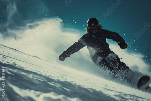 Snowboarding, navigating the unpredictable snow-covered mountain with precision, participating in the adventure and confronting the significant risk