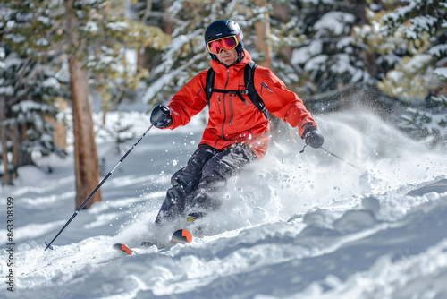 Skier in the Snow, descending a challenging mountain slope, experiencing the adventure and confronting the risk involved in the dynamic and fast-paced world of winter sport
