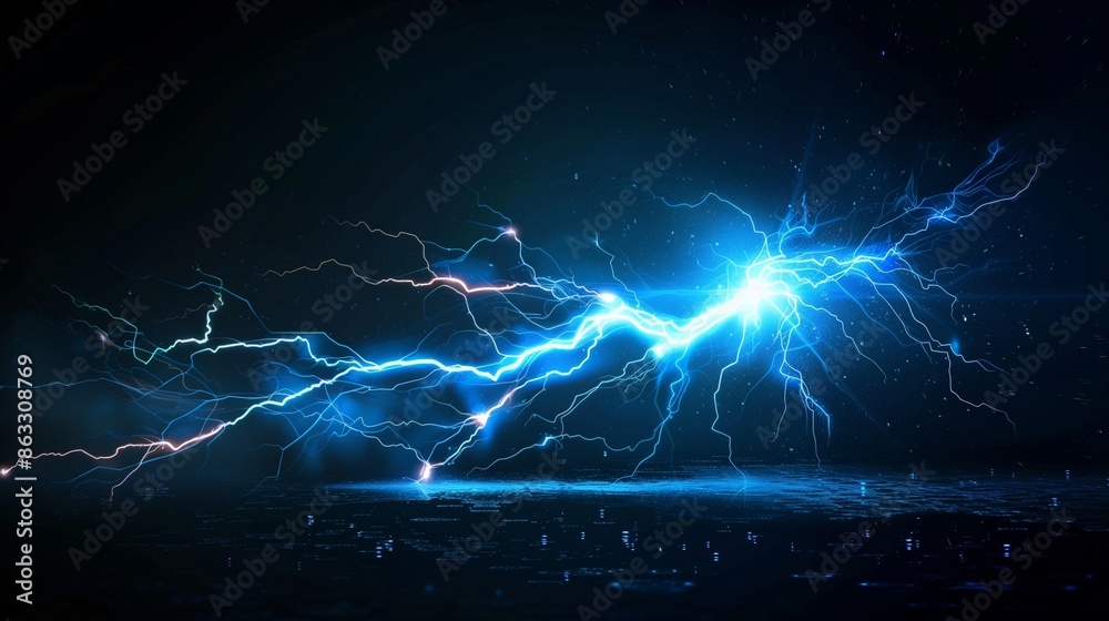 VFX effect of a lightning bolt striking the ground. Blue electric or ...