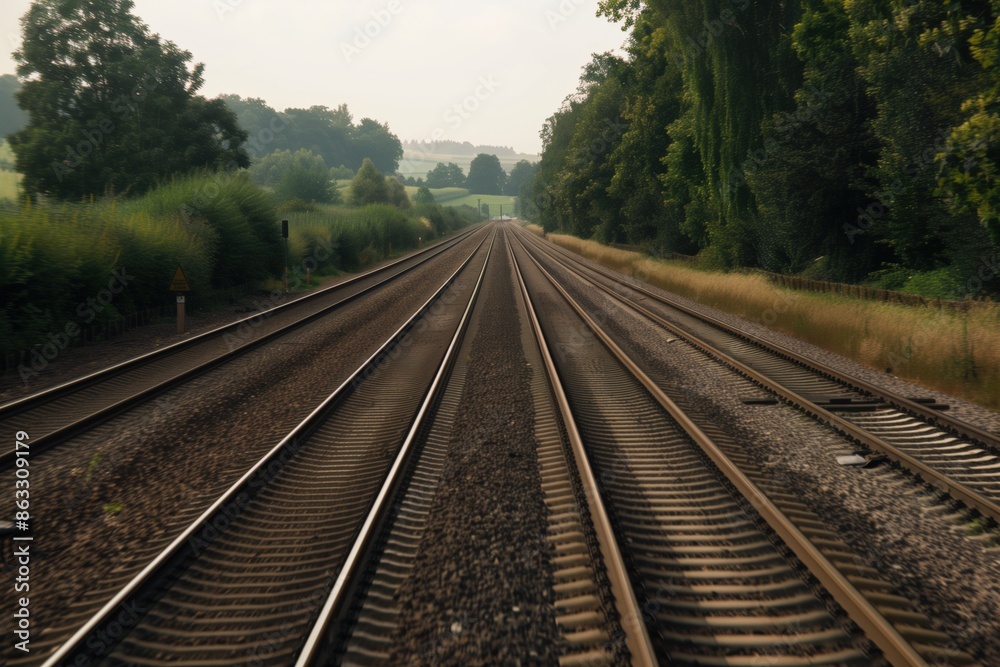 A train track with a long, empty section of track. The train is not visible A train track with a long, empty section of track. The train is not visible