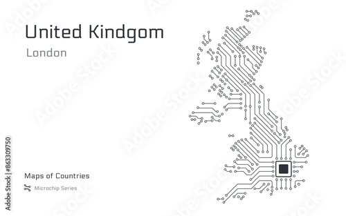 White vector map of United Kingdom, Great Britain created from a microchip pattern, with the capital London depicted as a microchip