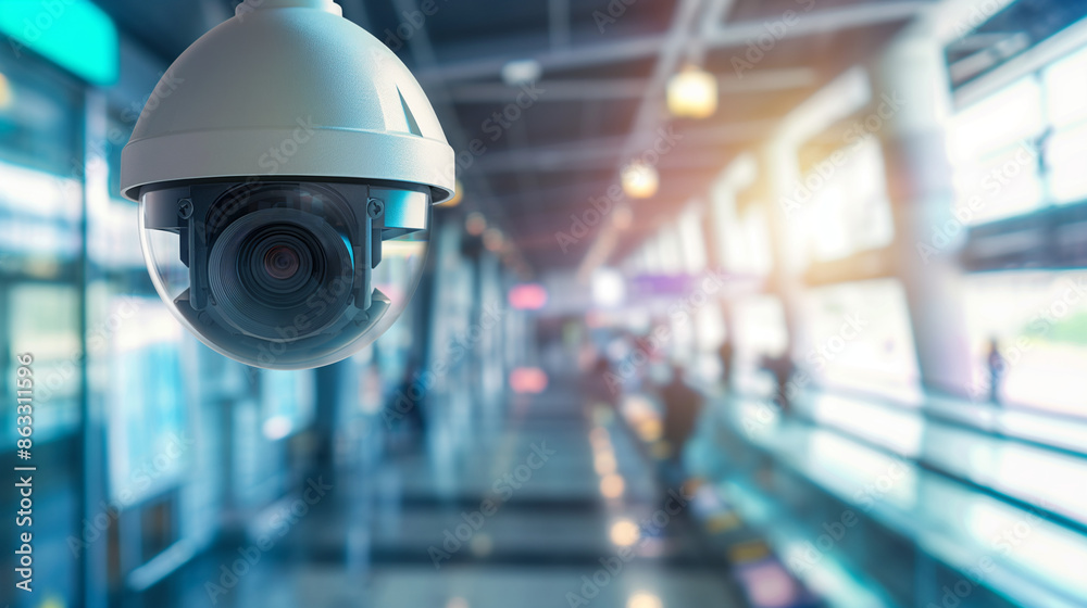 Modern surveillance camera in a public area. Generative AI image, security system, video surveillance and people tracking