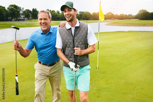 Adults, father and man for golf sport, physical activity and bonding through recreation. People, mature dad and son for walking in nature for friendly competition, game and support in country club photo