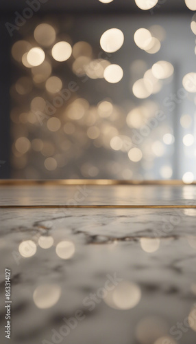 The modern empty dark gold marble table top on blurry bokeh room interior background photo