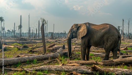 An elephant traverses an area of deforestation, highlighting the contrast between wildlife and environmental issues