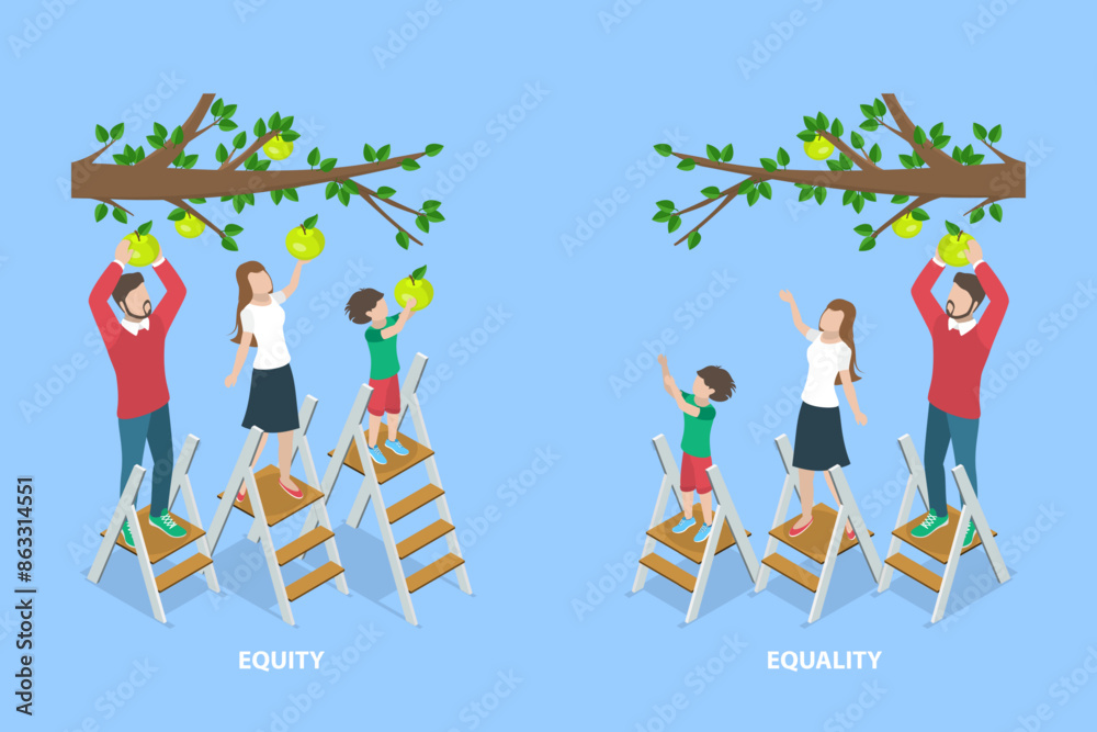 3D Isometric Flat Vector Illustration of Equality And Equity, Justice and Fair Availability System 3D Isometric Flat Vector Illustration of Equality And Equity, Justice and Fair Availability System