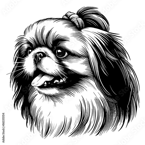 Hand drawn cute Pekignese portrait, vector sketch isolated on white background.	