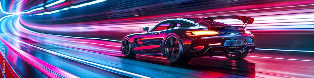 Futuristic Sports Car On Neon Highway. Powerful acceleration of a supercar with colorful lights trails Futuristic Sports Car On Neon Highway. Powerful acceleration of a supercar with colorful lights trails