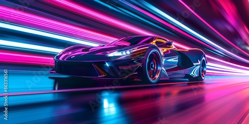 Futuristic Sports Car On Neon Highway. Powerful acceleration of a supercar with colorful lights trails © Spectrum