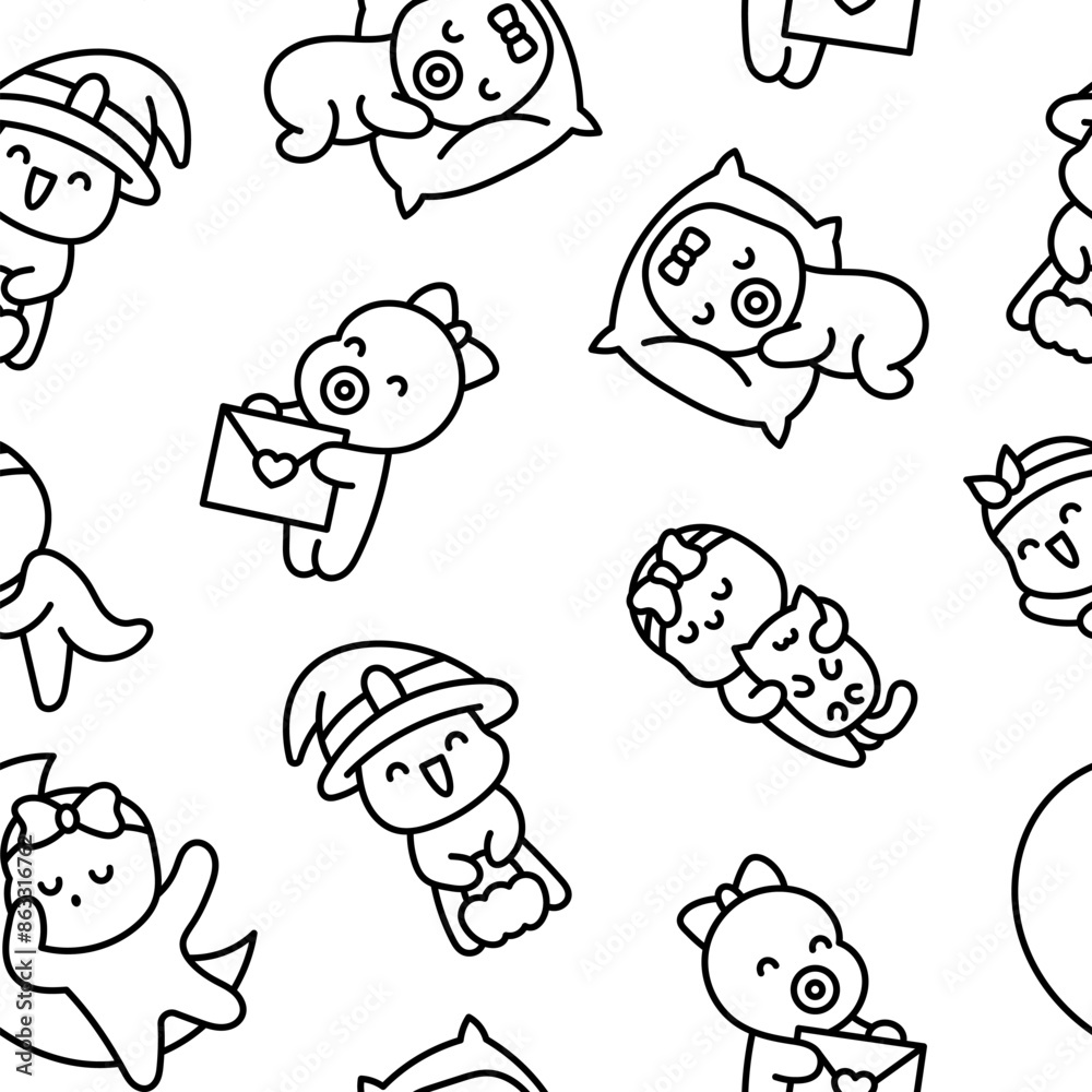 Naklejka premium Cute baby girl. Seamless pattern. Coloring Page. Cartoon little newborn character. Hand style. Vector drawing. Design ornaments.