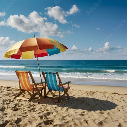 beach chairs and umbrella with the waves crashing along the coast, summer, summer vibes, relaxing photo