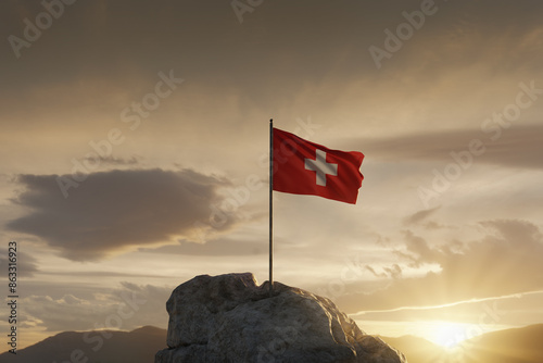 Waving Swiss flag on rocky landscape to celebrate the national holiday of 1 august. 3D Rendering