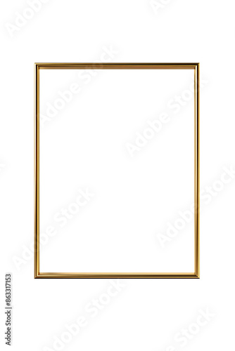 Minimalistic gilded vertical picture frame, 3d golden rectangular frame for photo, png image with transparent background