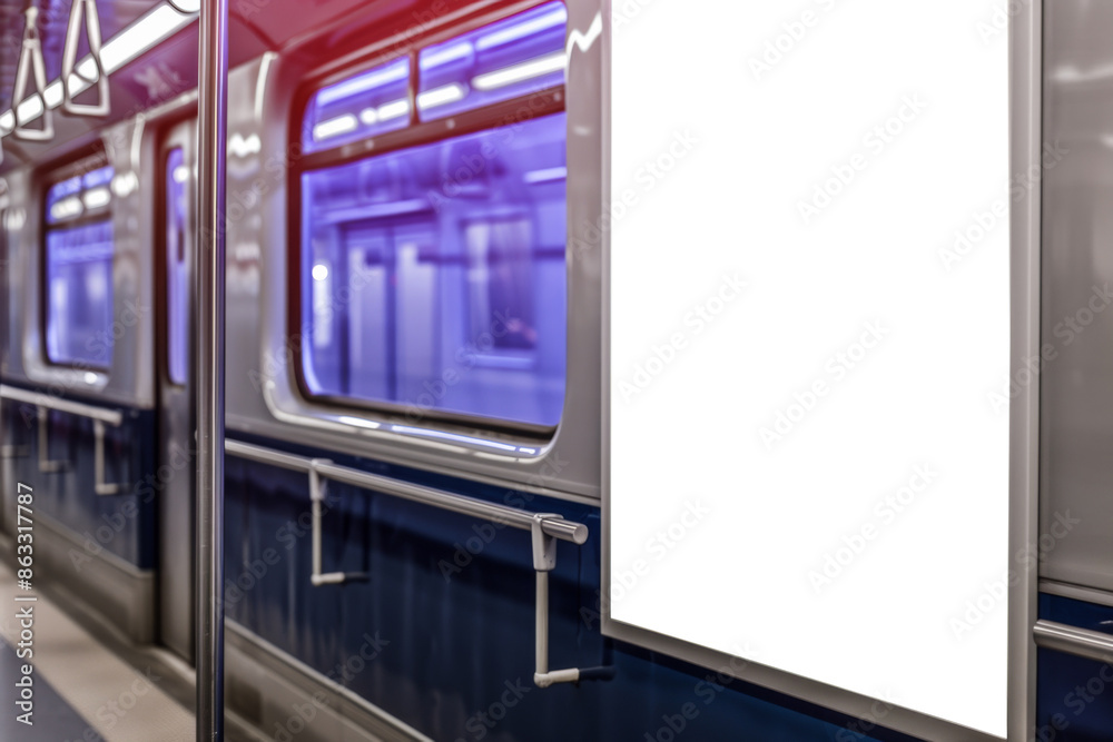 An empty subway car with an advertising screen An empty subway car with an advertising screen