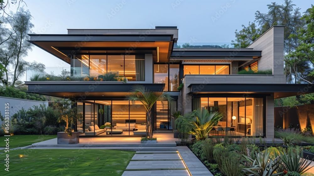 Modern Home Exterior With Illuminated Patio and Lush Landscaping at Dusk Modern Home Exterior With Illuminated Patio and Lush Landscaping at Dusk