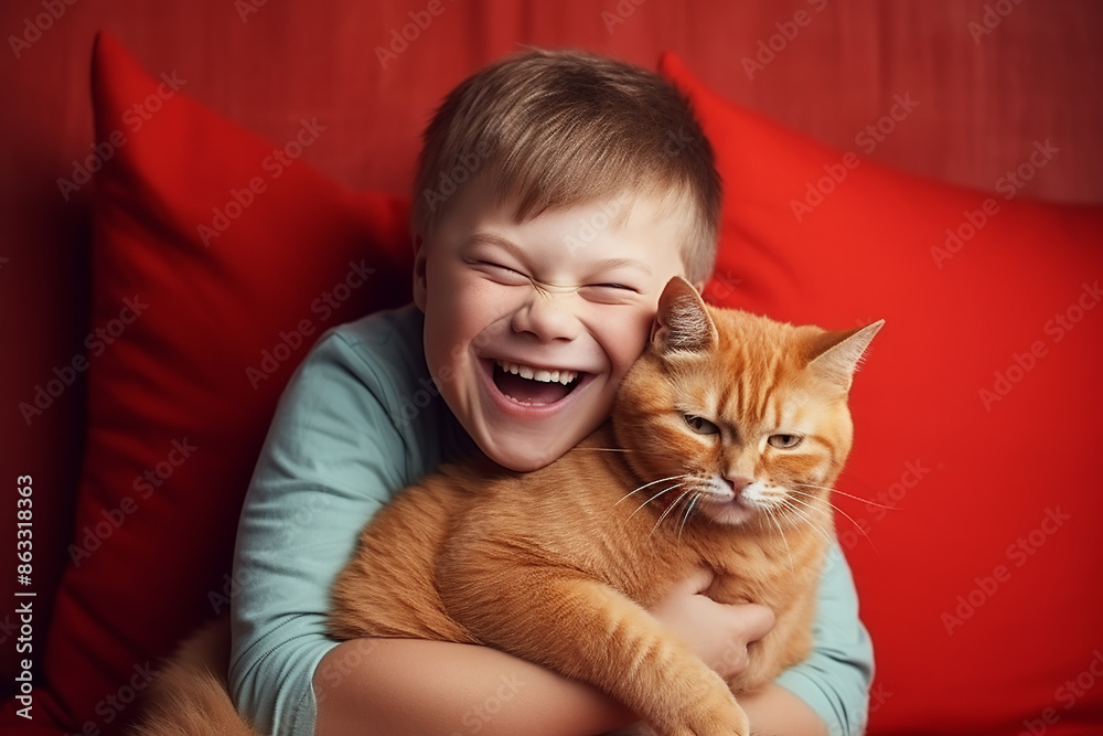 little boy with special needs hugs an orange cat and laughs, natural expressions and friendly interaction between the boy and cat, Down syndrome little boy with special needs hugs an orange cat and laughs, natural expressions and friendly interaction between the boy and cat, Down syndrome