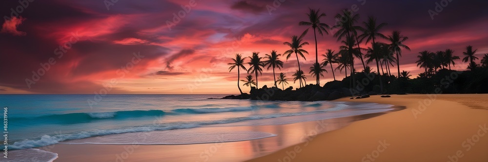 Tropical Beach, Twilight Sky, Palm Trees Silhouette, Serene Nature Scene, Vibrant Sunset Colors, Calm Ocean Reflections, Untouched Sandy Shoreline, Travel Destination Image, Relaxation Background Phot