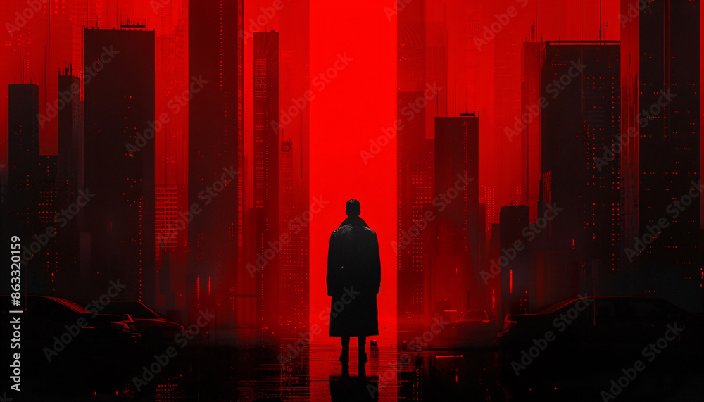 a man in a coat stands in the middle of an red apocalyptic cityscape a man in a coat stands in the middle of an red apocalyptic cityscape
