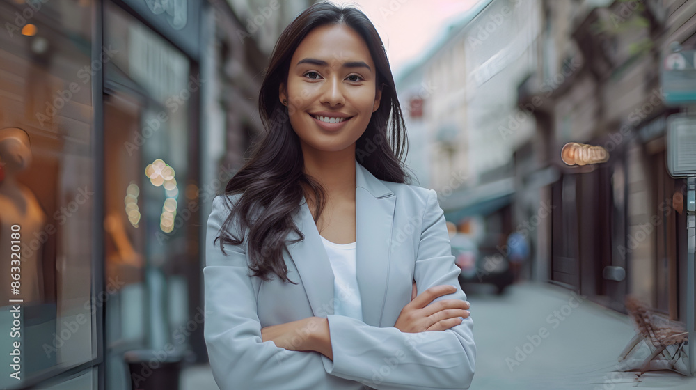 Young happy pretty smiling professional business woman, happy confident positive female entrepreneur standing outdoor on street arms crossed, looking at camera, Generative AI Young happy pretty smiling professional business woman, happy confident positive female entrepreneur standing outdoor on street arms crossed, looking at camera, Generative AI