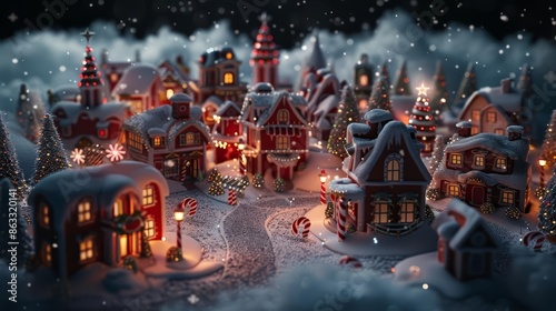 3D animation of a Christmas town with candy cane buildings, snow falling against a black background with highly detailed, cinematic lighting and a red and white color scheme