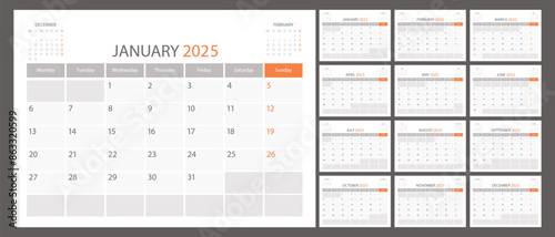 Calendar planner 2025 year schedule month calender, organizer template. Week starts on Monday. Business personal page. Modern simple vector illustration