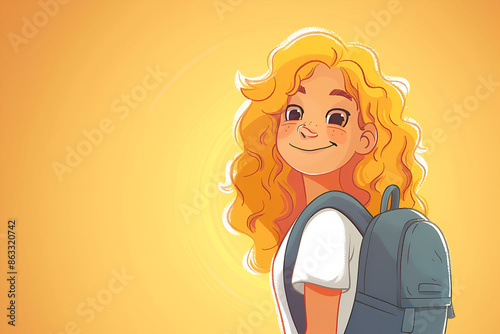 Generative Ai illustration. Portrait of Caucasian schoolgirl with backpack outdoors. Back to school