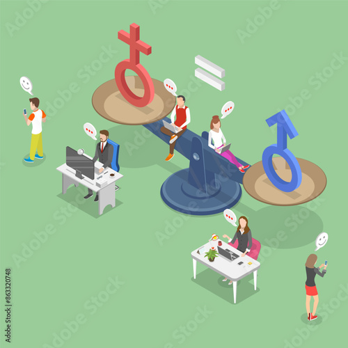 3D Isometric Flat Vector Illustration of Gender Equality, Man and woman collaborating on balanced scales.