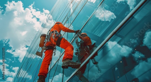 Window Washer Working on Tall Building Against a Blue Sky