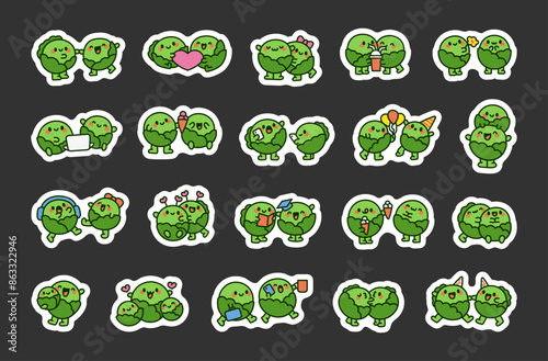 Funny couple of cabbage friends. Sticker Bookmark. Cute cartoon vegetables. Hand drawn style. Vector drawing. Collection of design elements.