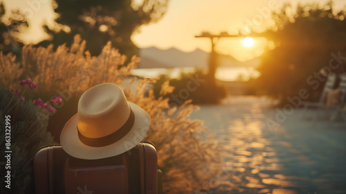 Last day of a vacation, packing up and saying goodbye, outdoor setting with beautiful scenery, nostalgic and bittersweet mood
