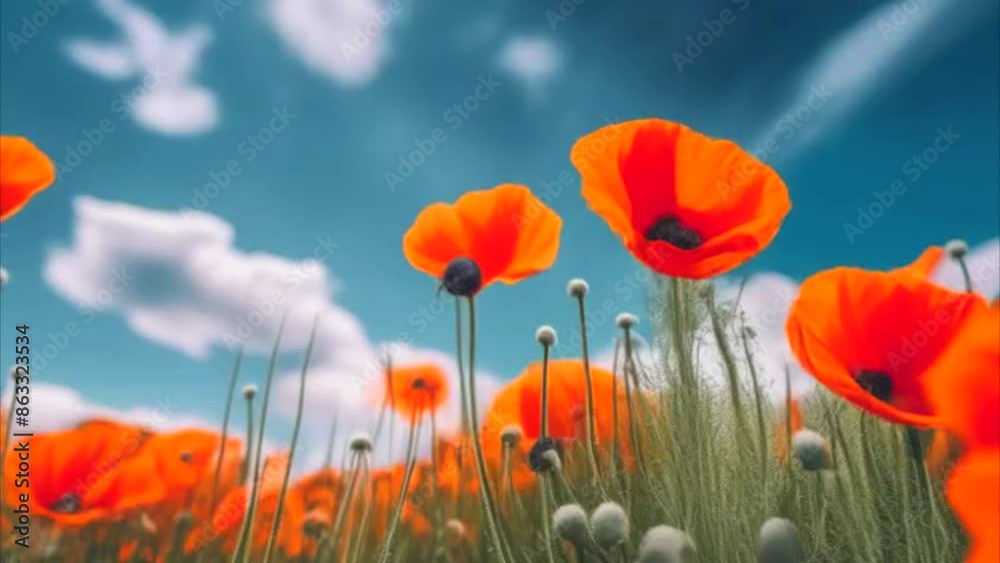 Beautiful red poppy flowers in the summer meadow on a blue sky background with copy space,video looping motion, 4k Beautiful red poppy flowers in the summer meadow on a blue sky background with copy space,video looping motion, 4k