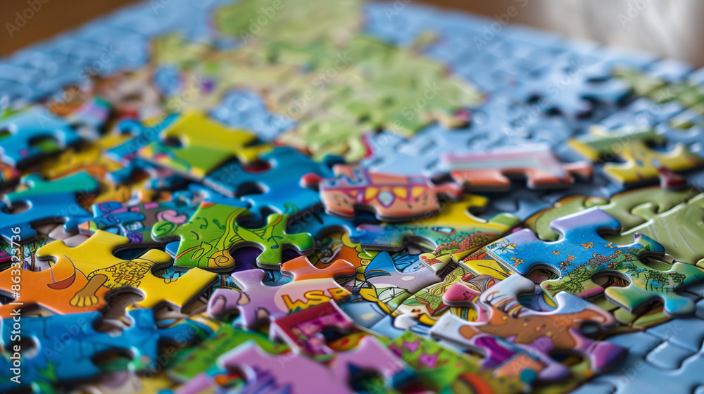 Colorful jigsaw puzzle pieces spread out on a table Colorful jigsaw puzzle pieces spread out on a table