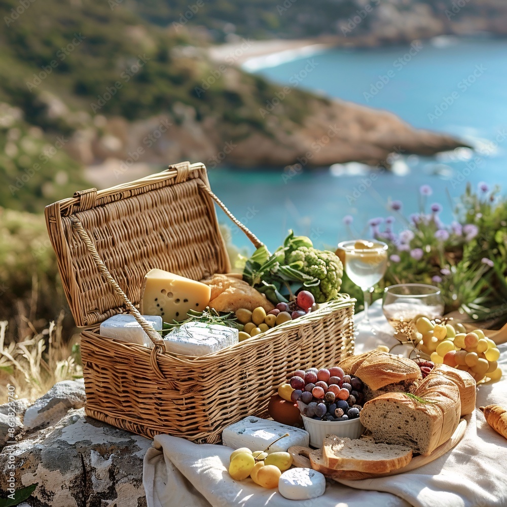 still life of picnic basket on beach