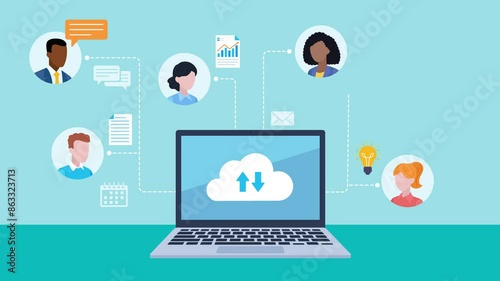 Wallpaper Mural A laptop on a desk with icons and avatars hanging from it. Business and education, Icons of documents, gears, calendar, light bulb. Cloud icon with data transfer. Animation in flat style. Clip in 4k.
 Torontodigital.ca