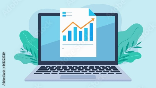 Document with graph on laptop screen. The chart gradually animates and then subsequent text elements. Video clip in resolution up to 4k. Animation in flat style. Laptop z danymi na ekranie.
