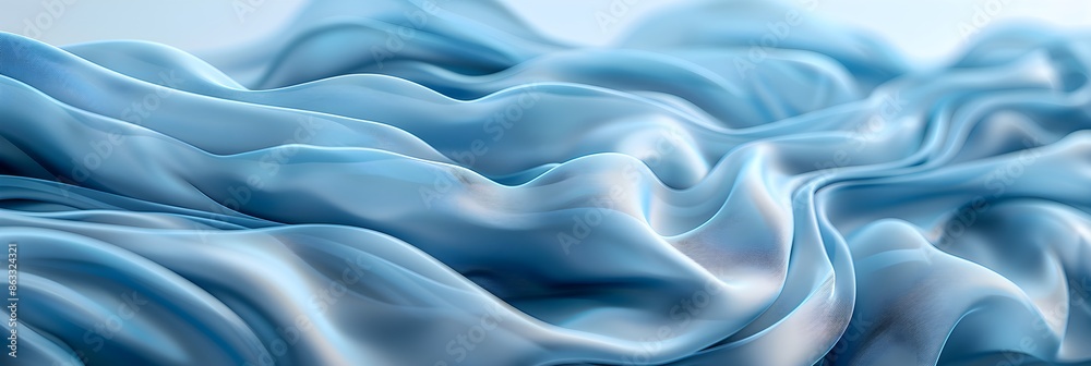 3d render, abstract fashion background with blue wavy ribbons, folded cloth macro