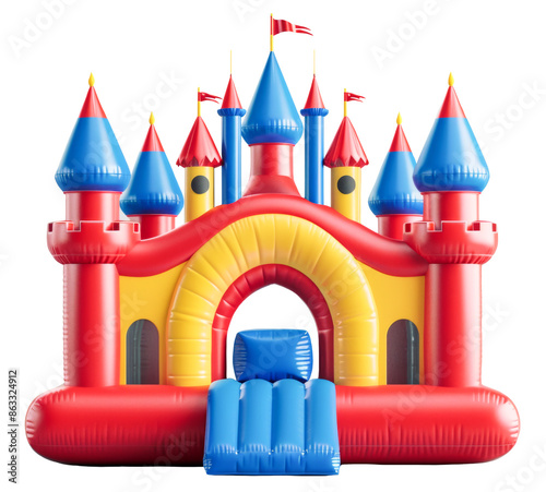 Brightly colored inflatable bounce house shaped like a castle with blue, red, and yellow sections, ideal for children's parties.