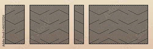 Laser cut panels set. Vector stencil with abstract geometric pattern, diagonal stripes, zigzag lines, chevron. Swatch for laser cutting of wood, metal, plastic, paper. Aspect ratio 1:2, 1:1, 1:4, 3:2