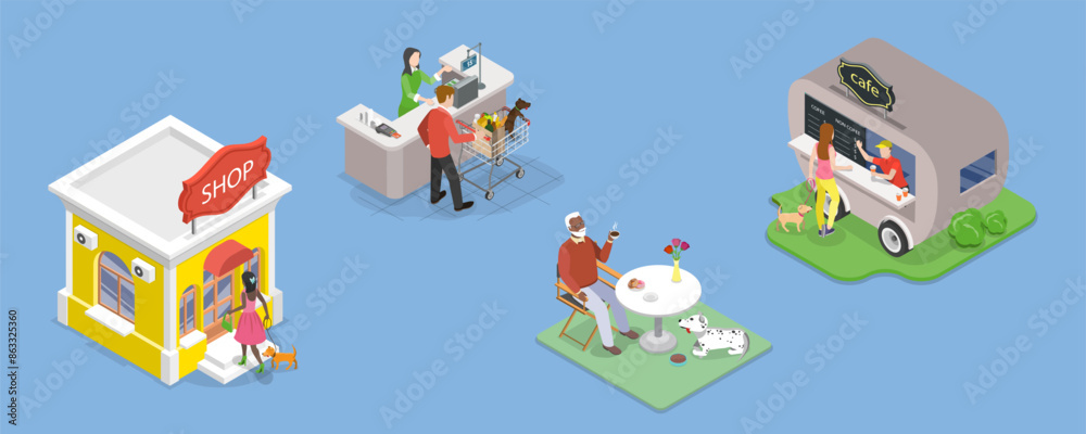 3D Isometric Flat Vector Illustration of Shopping With Dog, Pet Care 3D Isometric Flat Vector Illustration of Shopping With Dog, Pet Care