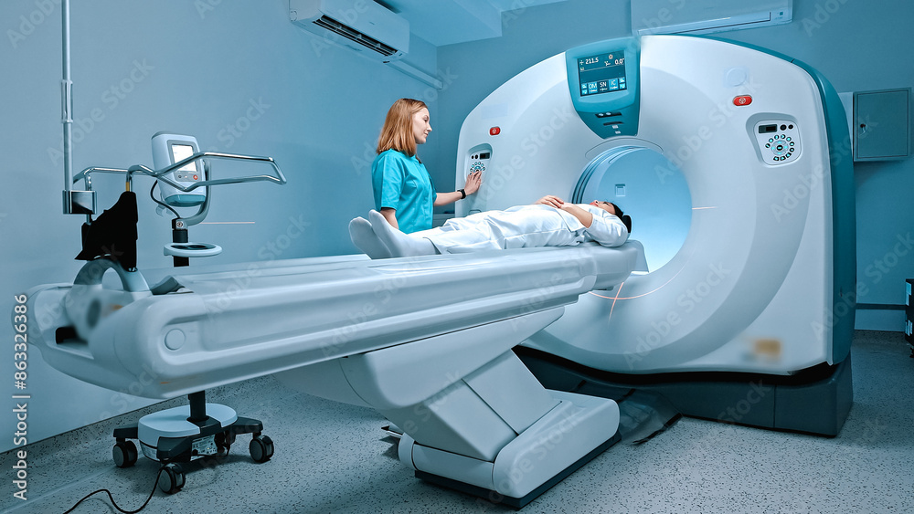 Αυτοκόλλητο Radiologist consults patient before undergoing diagnostics using magnetic resonance imaging machine in medical center
