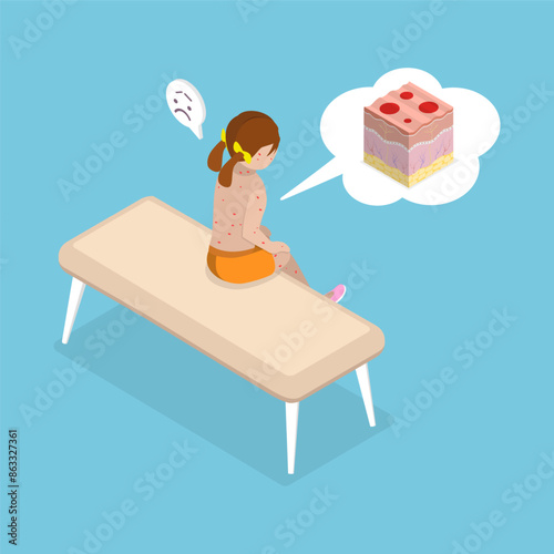 3D Isometric Flat Vector Illustration of Chickenpox, A kid with rash on back suffering from dermatitis and poor health.